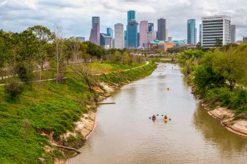 Houston, TX - March 09, 2019: Kayakers participate in the 47th Annual Buffalo Bayou Partnership Regatta on Buffalo Bayou Houston.