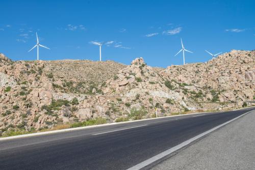 The road from Mexicali to Tijuana, in the Baja California State, Mexico at La Rumorosa Area, with mountains and electric windmills on top