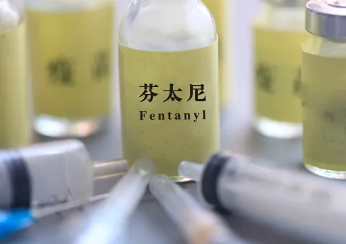 --FILE--A bottle of Fentanyl pharmaceuticals is displayed in Anyang city, central China's Henan province, 12 November 2018. China will add fentanyl-related substances to a supplementary list of controlled narcotic drugs and psychotropic substances with non-medical use since May 1. The decision was announced Monday in a joint statement by the Ministry of Public Security, the National Health Commission and the National Medical Products Administration. Fentanyl and its analogues that were previously included in the list of controlled narcotic drugs and psychotropic substances, as well as the related substances in the supplementary list, will remain to be controlled according to relevant regulations, the statement said.No Use China. No Use France.