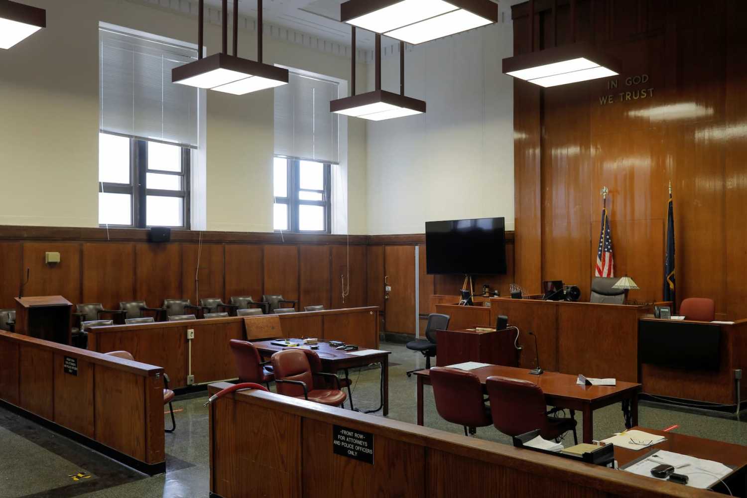 An empty courtroom is seen at the New York State Supreme Court in Manhattan, New York City, U.S., August 21, 2020. REUTERS/Andrew Kelly