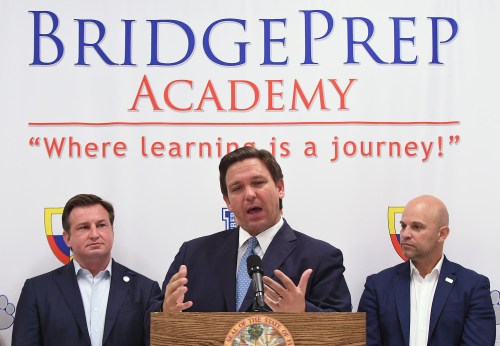 July 12, 2021 - Orlando, Florida, United States - Florida Gov. Ron DeSantis announces a $106 million civics education initiative, including bonuses for teachers, at a press conference at BridgePrep Academy of Orange on July 12, 2021 in Orlando, Florida. DeSantis is holding a roundtable later today at the American Museum of the Cuban Diaspora in Miami to discuss the recent protests in Cuba. (Photo by Paul Hennessy/NurPhoto)NO USE FRANCE
