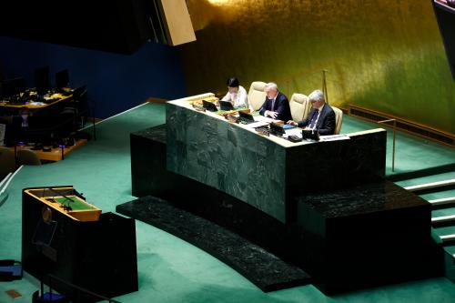 Under-Secretary-General and High Representative for Disarmament Affairs, Izumi Nakamitsu and Ambassador Gustavo Zlauvinen (C) President of the Tenth Review conference of the parties to the Treaty on the Non -Proliferation of Nuclear Weapons preside over the tenth review conference of parties to the Treaty on the Nonproliferation of Nuclear Weapons at the United Nations General Assembly on October 26, 2022 in New York City, USA  (Photo by John Lamparski/NurPhoto)NO USE FRANCE