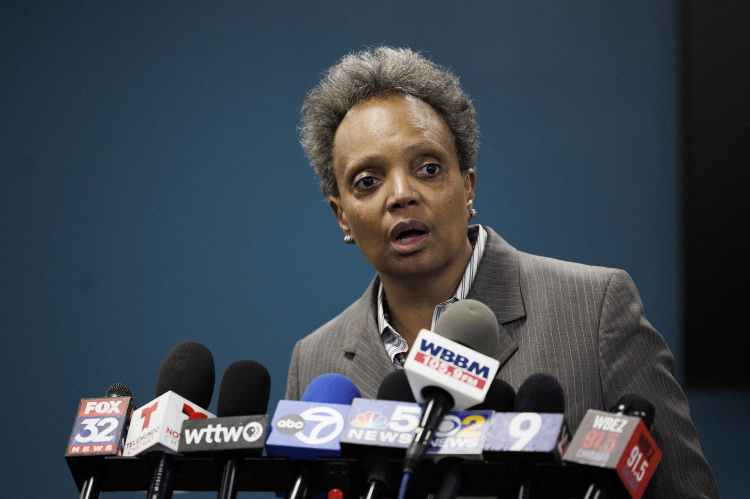 Mayor Lori Lightfoot speaks with members of the media on Jan. 12, 2023, in Chicago. (Armando L. Sanchez/Chicago Tribune/TNS/ABACAPRESS.COM - NO FILM, NO VIDEO, NO TV, NO DOCUMENTARYNo Use CHICAGO.