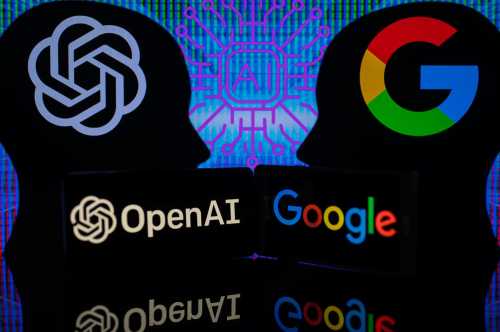 Google Bard VS OpenAI ChatGPT displayed on Mobile with Openai and Google logo on screen seen in this photo illustration. On 7 February 2023 in Brussels, Belgium. (Photo Illustration by Jonathan Raa/NurPhoto)NO USE FRANCE