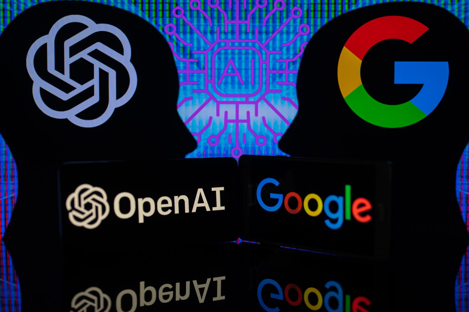 Google Bard VS OpenAI ChatGPT displayed on Mobile with Openai and Google logo on screen seen in this photo illustration. On 7 February 2023 in Brussels, Belgium. (Photo Illustration by Jonathan Raa/NurPhoto)NO USE FRANCE