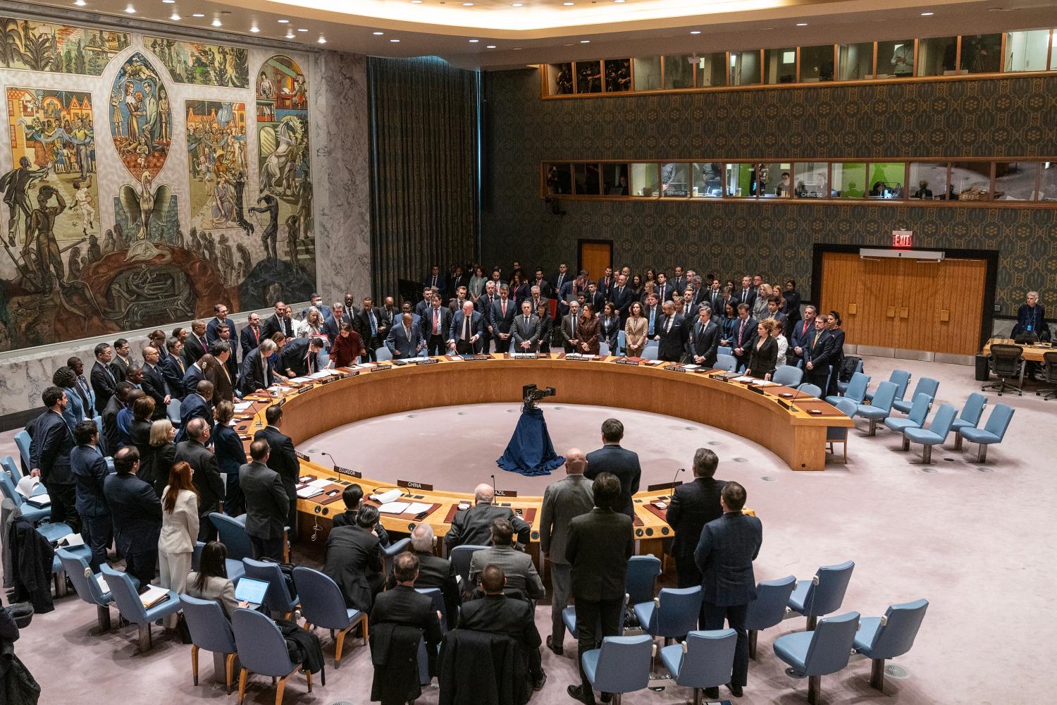 Members of Security Council, delegations and guests except Brazil and China stand for the moment of silence in memory killed in Ukraine at the request of Foreing Minister of Ukraine Dmytro Kuleba at the Security Council meeting on Ukraine at UN Headquarters in New York on February 24, 2023. This day marked exactly one year since the start of the unprovoked war Russia waged against Ukraine. Thousands of people were killed or wounded on both sides and millions of Ukrainians were displaced and became refugees. more Than 6 thousands Ukrainian children were abducted and moved to Russia. (Photo by Lev Radin/Sipa USA)No Use Germany.