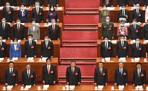 Chinese President Xi Jinping (front row, C) and others sing the national anthem during the opening ceremony of the National People's Congress at the Great Hall of the People in Beijing on March 5, 2023. (Kyodo)==KyodoNO USE JAPAN