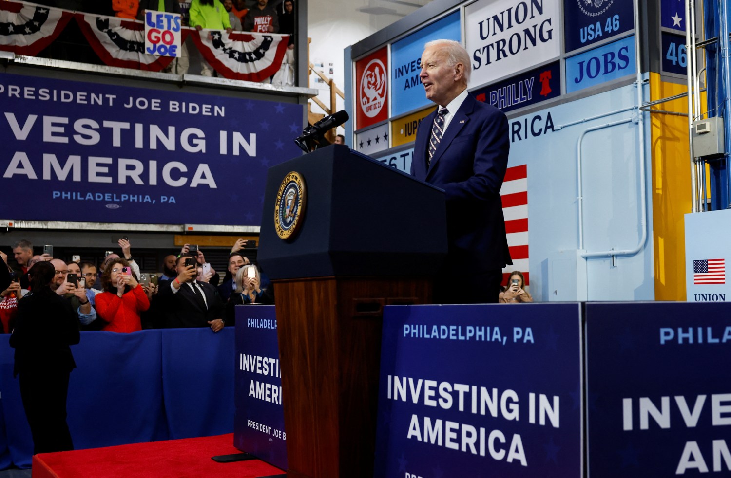 U.S. President Joe Biden delivers remarks about his budget for fiscal year 2024 at the Finishing Trades Institute in Philadelphia, Pennsylvania, U.S., March 9, 2023. REUTERS/Evelyn Hockstein