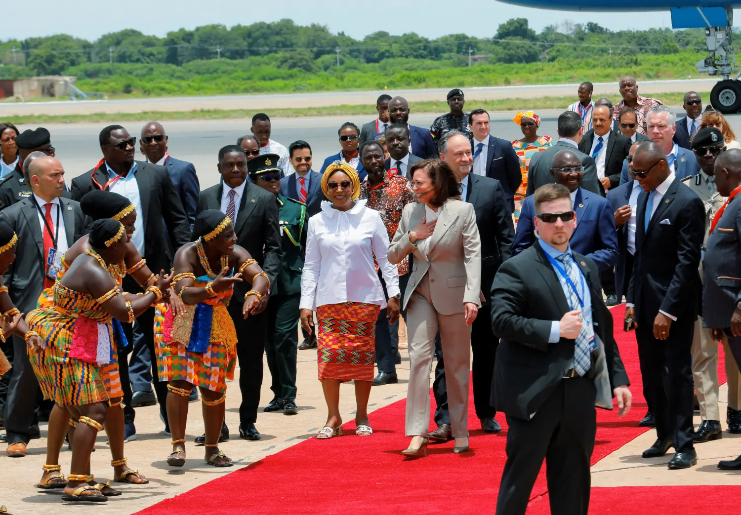 U.S. Vice President, Kamala Harris, arrives at the Kotoka International Airport to begin her trip to Ghana, Tanzania and Zambia, in Accra, Ghana, March 26, 2023. REUTERS/Francis Kokoroko