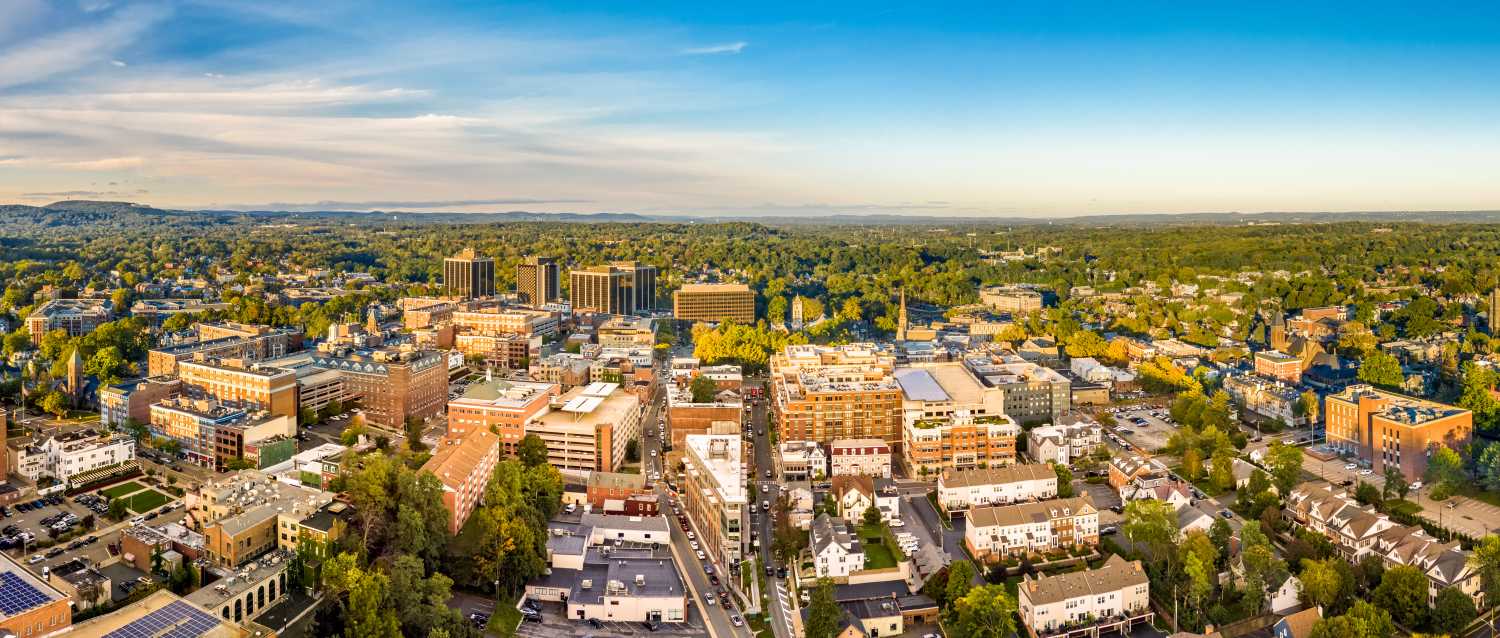 Aerial cityscape of Morristown, New Jersey.
