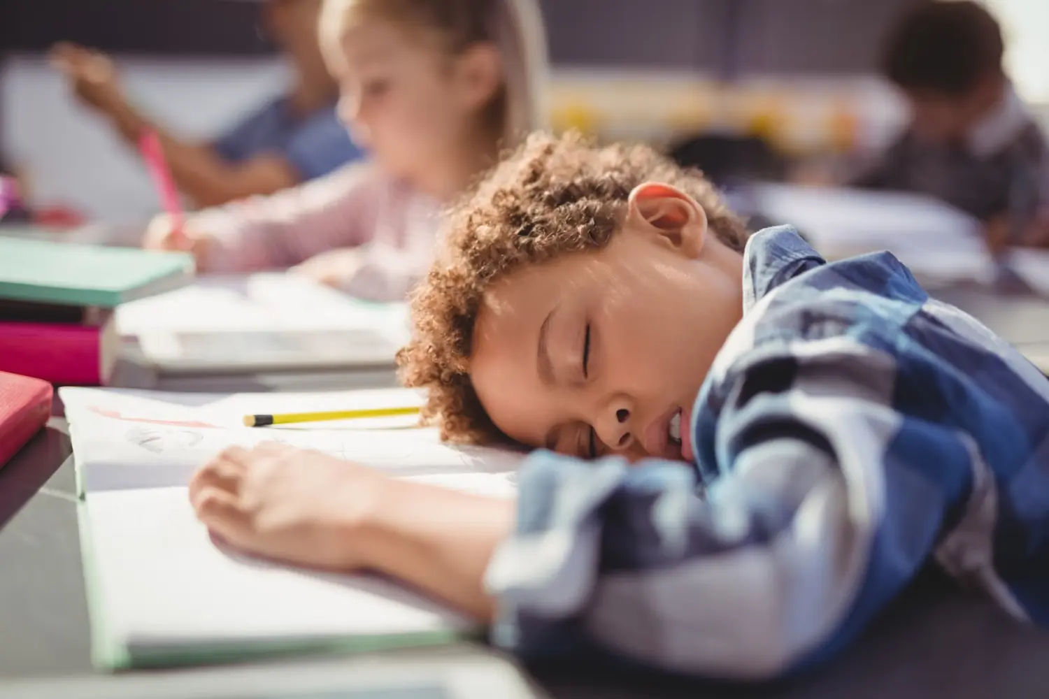 Tired,Schoolboy,Sleeping,In,Classroom,At,School