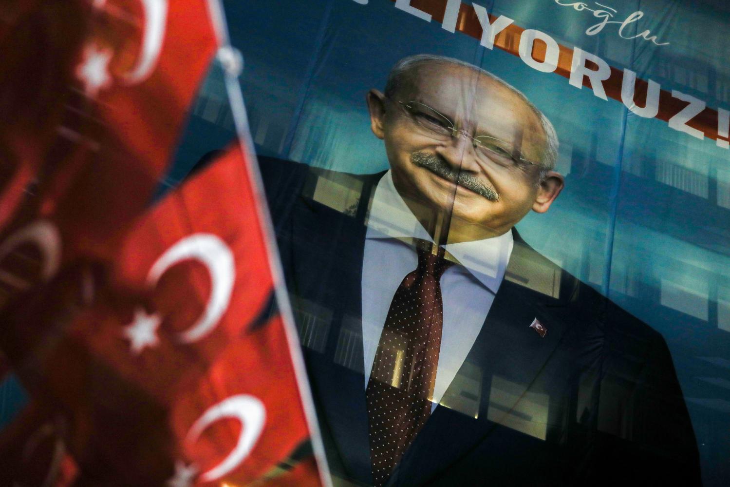 A banner with a portrait of Presidential candidate Chairman Kemal K?l?çdaro?lu seen in front of the headquarters of the Republican People's Party (CHP). The Republican People's Party (CHP), IYI Party (IYI), Future Party (GP), Felicity Party (SP), Democracy and Progress Party (DEVA) and Democrat Party (DP), which formed the Nation Alliance in the presidential elections, will be held on May 14, 2023. In the presidential election, press release at the Saadet Party Headquarters, it was announced that the joint candidate is CHP Chairman Kemal K?l?çdaro?lu. (Photo by Tunahan Turhan / SOPA Images/Sipa USA)No Use Germany.