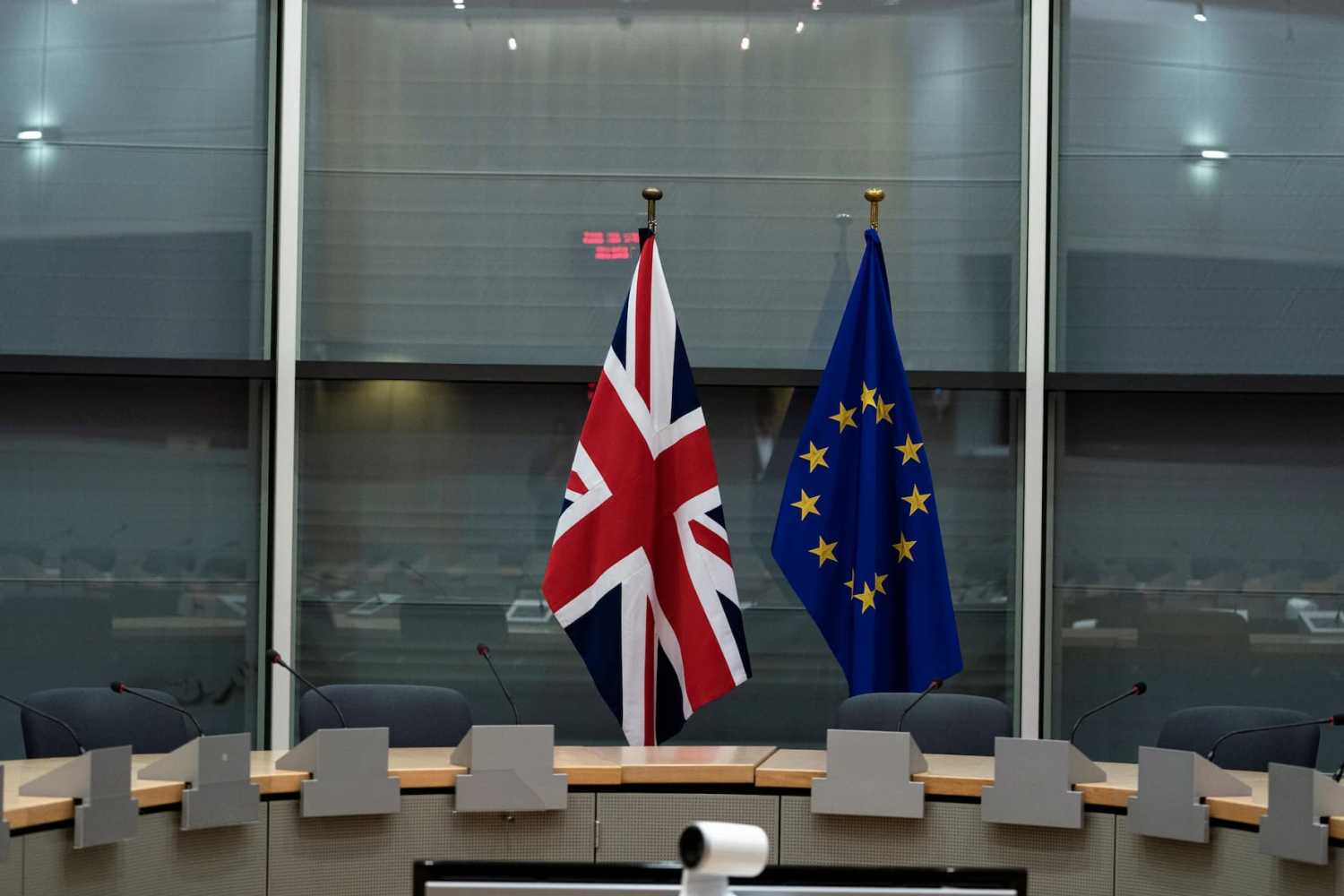 British Union Jack and EU flags are pictured before the meeting with Britain's Brexit Secretary Stephen Barclay and European Union's chief Brexit negotiator Michel Barnier at the EU Commission headquarters in Brussels, Belgium, September 20, 2019. Kenzo Tribouillard/Pool via REUTERS - RC11CD6EA940