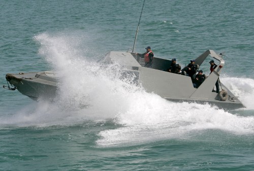 A Mexican patrol boat stands guard over California Gulf porpoises, also known as vaquitas, in San Felipe in Mexico's state of Baja California March 7, 2008. The vaquita, a tiny stubby-nosed porpoise found only in Mexico's Sea of Cortez, is on the brink of extinction as more die each year in fishing nets than are being born, biologists say. Picture taken on March 7, 2008.  REUTERS/Henry Romero (MEXICO)