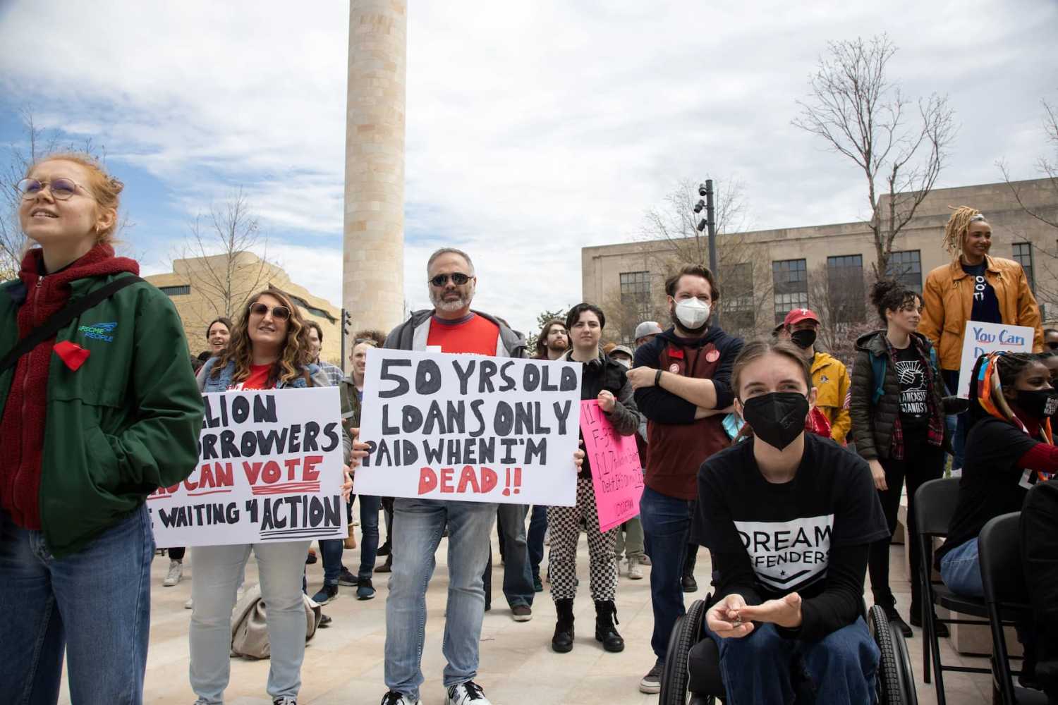 Demonstrators gather at the Department of Education headquarters in Washington, D.C. on April 4, 2022 to call for President Biden to cancel all student loan debt (Photo by Bryan Olin Dozier/NurPhoto)NO USE FRANCE