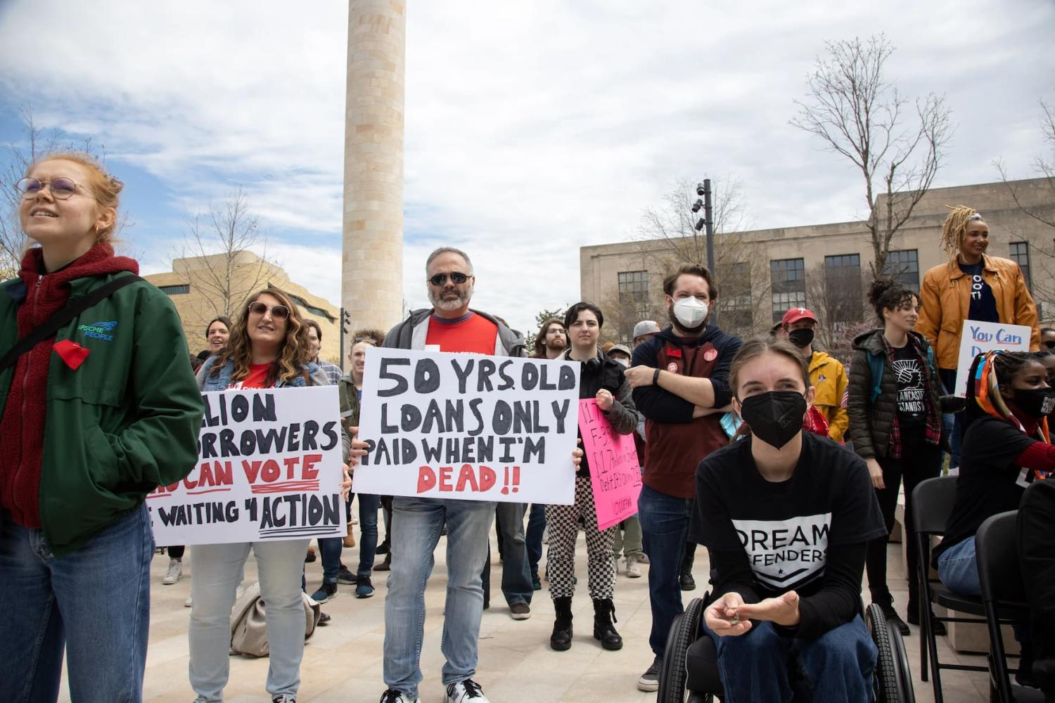 Demonstrators gather at the Department of Education headquarters in Washington, D.C. on April 4, 2022 to call for President Biden to cancel all student loan debt (Photo by Bryan Olin Dozier/NurPhoto)NO USE FRANCE