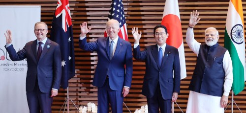 (L-R) Australian Prime Minister Anthony Albanese, U.S. President Joe Biden, Japanese Prime Minister Fumio Kishida and Indian Prime Minister Narendra Modi pose for photo before QUAD leaders meeting at the prime minister’s office in Tokyo on May 24, 2022. QUAD, Quadrilateral Security Dialogue, is a strategic security dialogue between Australia, India, Japan, and the United States that is maintained by talks between member countries.  ( The Yomiuri Shimbun )