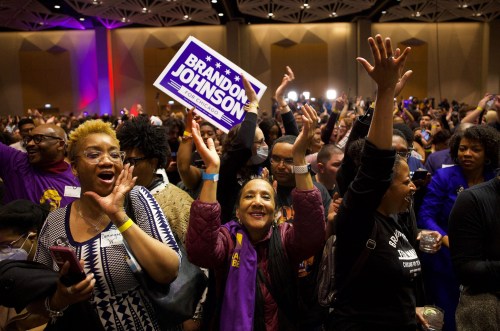 Supporters celebrate after it was reported that Brandon Johnson had taken a lead against Paul Vallas in the mayoral runoff election during a Johnson election night gathering at Marriott Marquis Chicago hotel on Tuesday, April 4, 2023, in Chicago. (Armando L. Sanchez/Chicago Tribune/TNS/ABACAPRESS.COM - NO FILM, NO VIDEO, NO TV, NO DOCUMENTARYNo Use CHICAGO.