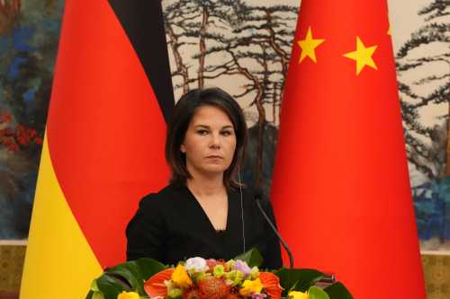 Annalena Baerbock (Bündnis 90/Die Grünen) waits at the Diaoyutai State Guest House during a joint press conference with Chinese Foreign Minister Gang.
