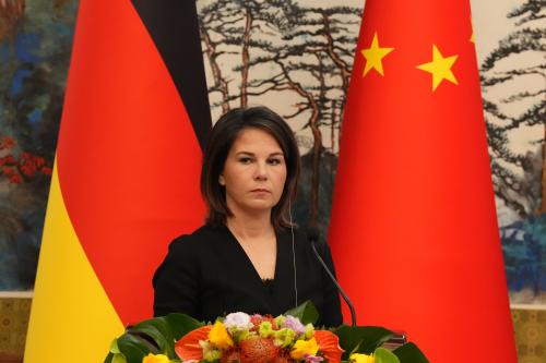 Annalena Baerbock (Bündnis 90/Die Grünen) waits at the Diaoyutai State Guest House during a joint press conference with Chinese Foreign Minister Gang.