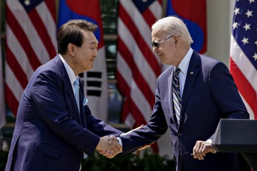 US President Joe Biden, right, and Yoon Suk Yeol, South Korea's president, shake hands at a news conference in the Rose Garden of the White House during a state visit in Washington, DC, US, on Wednesday, April 26, 2023. The US will strengthen the deterrence it provides South Korea against nuclear threats, including by deploying a nuclear-armed submarine to the country, in turn securing a pledge from Seoul to honor commitments to not pursue its own atomic arsenal. Photo by Al Drago/Pool/ABACAPRESS.COM