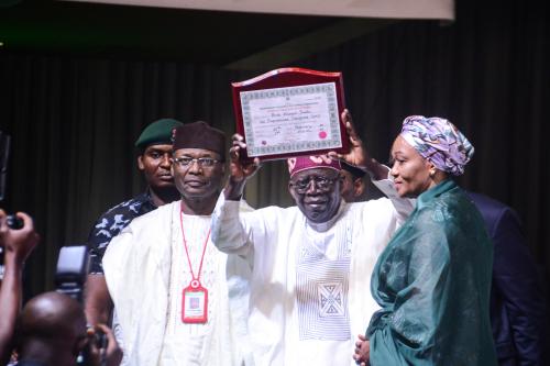 Nigeria's President-elect Bola Tinubu sits at the International Centre waiting to receive his certificate of return by the Independent National Electoral Commission (INEC) in Abuja on March 1, 2023.  (Photo by Olukayode Jaiyeola/NurPhoto)NO USE FRANCE