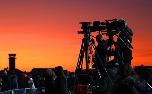 TV cameras are set up before President Donald Trump speaks at a campaign rally at Kenosha Regional Airport on Monday.Trump Kenosha 0062