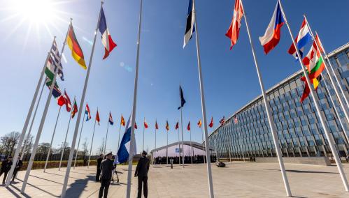 Flags flutter during a flag-raising ceremony for Finland accession at the NATO foreign ministers' meeting at the Alliance's headquarters in Brussels, Belgium April 4, 2023. (NATO handout via EYEPRESS)