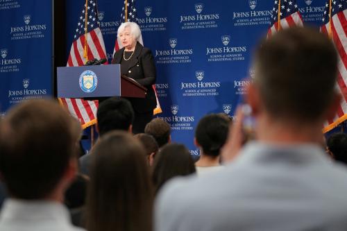 U.S. Treasury Secretary Janet Yellen discusses "U.S.-China Economic Relationship" during a forum hosted by the Johns Hopkins University at the Nitze Building in Washington, U.S., April 20, 2023. REUTERS/Sarah Silbiger
