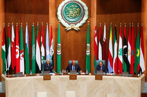 Secretary General of the Arab League Ahmed Aboul Gheit reacts next to Egypt's Foreign Minister Sameh Shoukry during the opening session of the meeting of Arab foreign ministers at the Arab League Headquarters, to discuss the Syrian situation and Sudan crisis, in Cairo, Egypt May 7, 2023. REUTERS/Amr Abdallah Dalsh