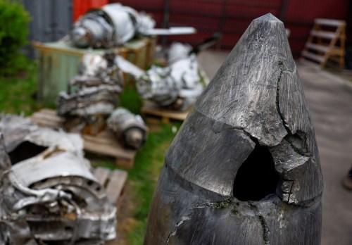 A Kh-47 Kinzhal Russian hypersonic missile warhead, shot down by a Ukrainian Air Defence unit amid Russia's attack on Ukraine, is seen at a compound of the Scientific Research Institute in Kyiv,  Ukraine May 12, 2023. REUTERS/Valentyn Ogirenko