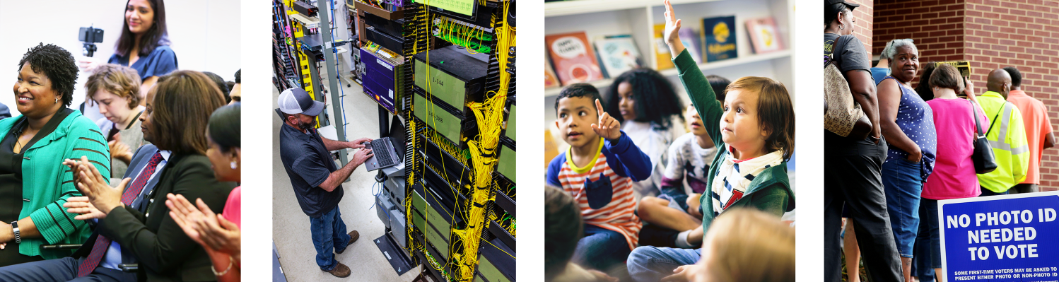 homepage collage featuring picture of Stacy Abrams at brookings, a man using a laptop behind servers, a child raising their hand in class and voters waiting in line.