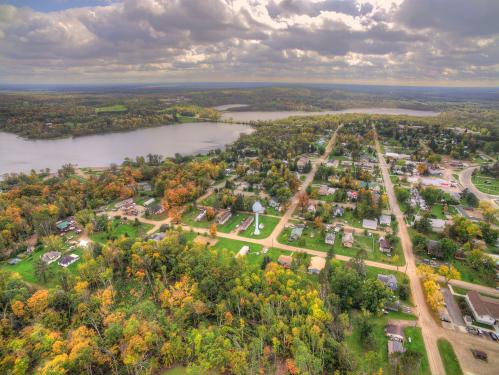 Aerial view of Hill City, a small Midwestern town in Northern Minnesota