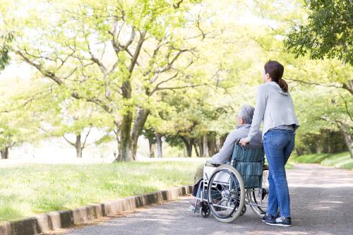 Rear view of elderly man in wheelchair and care helper Photo: Shutterstock