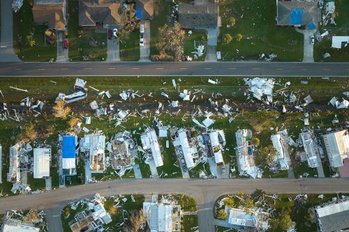 Hurricane Ian destroyed homes in Florida residential area. Natural disaster and its consequences Photo: Shutterstock