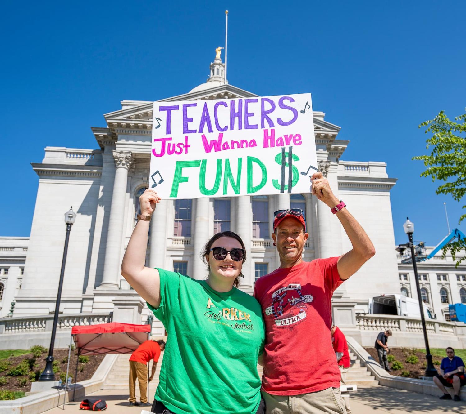 Alexandra Boudreaux and Steve Strieker, Parker High School social studies teachers in Janesville, attend the Wisconsin Education Association Council's rally to support Governor Evers Education Budget on Saturday May 20, 2023 at the Wisconsin State Capitol in Madison, Wis.