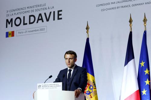 FILE PHOTO: French President Emmanuel Macron delivers a speech during the third ministerial conference of the Moldova Support Platform at the Ministerial Conference Centre in Paris, France, 21 November 2022. YOAN VALAT/Pool via REUTERS/File Photo