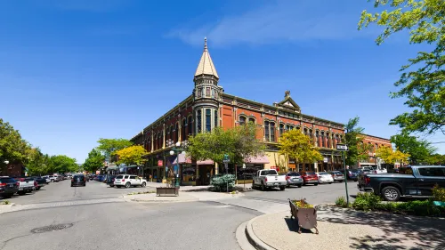 Ellensburg, WA, USA - May 26, 2021; Davidson building built in 1889 at the corner of 4th and Pearl in downtown Ellensburg under a blue sky
