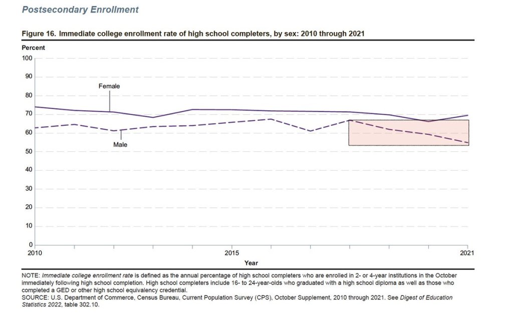 chart looking at immediate college enrollment rate of high school completers by sex, 2010-2021.