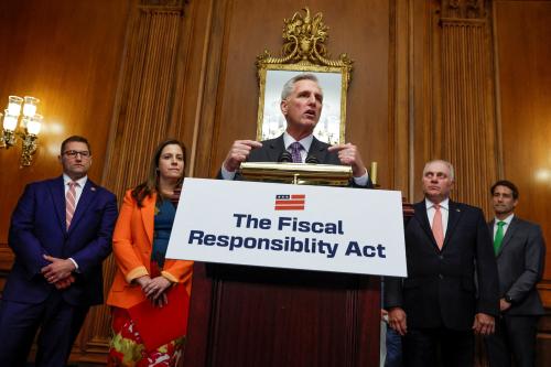 U.S. House Speaker Kevin McCarthy (R-CA) speaks during a press conference accompanied by House Majority Leader Steve Scalise (R-LA) and U.S. Rep. Elise Stefanik (R-NY) after the House approved the debt ceiling deal he negotiated with the White House to end their standoff and avoid a historic default, at the U.S. Capitol in Washington, U.S. May 31, 2023. REUTERS/Jonathan Ernst     TPX IMAGES OF THE DAY