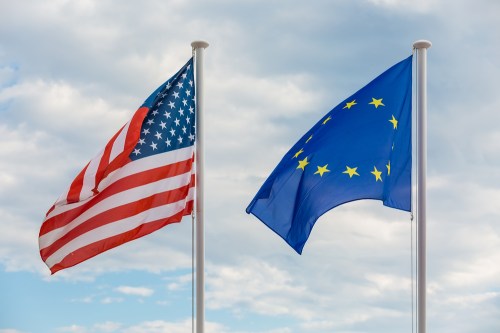 Flags,Of,United,States,Of,America,And,European,Union,Hanging