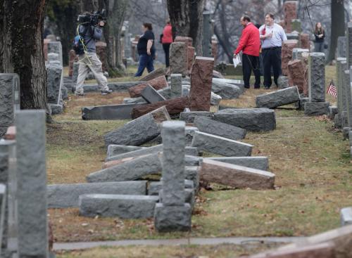 Local and national media report on more than 170 toppled Jewish headstones after a weekend vandalism attack on Chesed Shel Emeth Cemetery in University City, a suburb of St Louis, Missouri, U.S. February 21, 2017. REUTERS/Tom Gannam