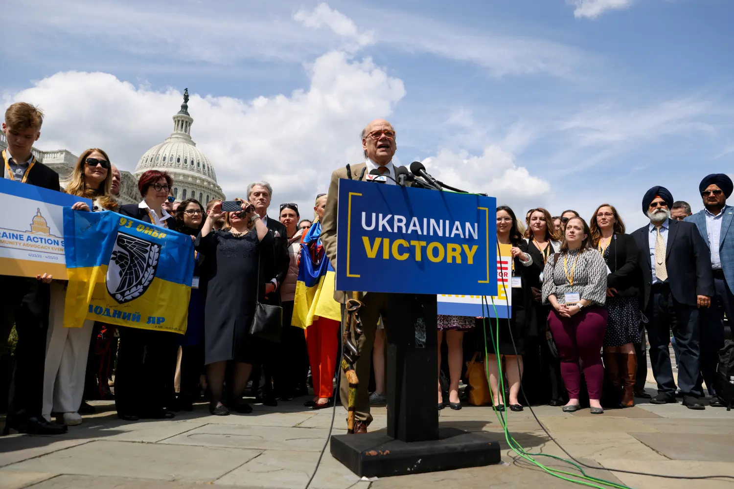 Former President of Ukraine Viktor Yushchenko and his wife Kateryna listen while Rep. Steve Cohen (D-TN) speaks during a press conference on the Ukrainian Victory Resolution on Capitol Hill in Washington, U.S., April 25, 2023. REUTERS/Julia Nikhinson