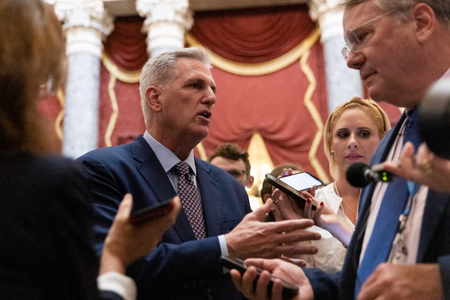 Speaker of the United States House of Representatives Kevin McCarthy (Republican of California) speaks to reporters while walking to his office from the House floor at the Capitol in Washington, D.C., Tuesday, June 20, 2023. Credit: Julia Nikhinson / CNP/Sipa USANo Use Germany.