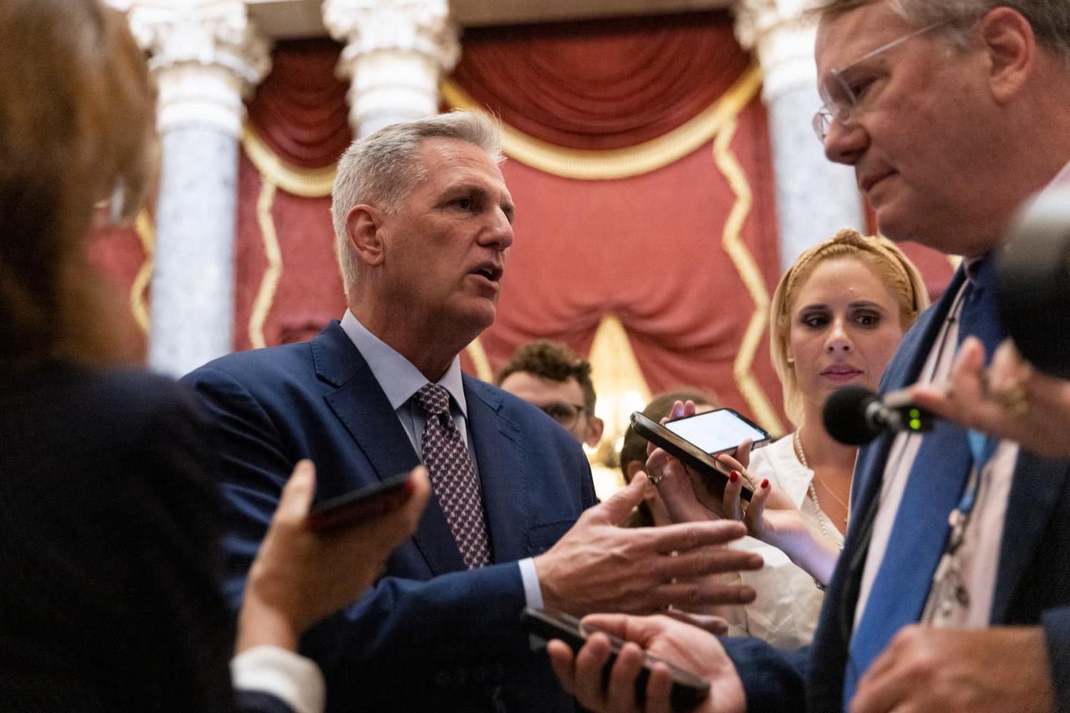 Speaker of the United States House of Representatives Kevin McCarthy (Republican of California) speaks to reporters while walking to his office from the House floor at the Capitol in Washington, D.C., Tuesday, June 20, 2023. Credit: Julia Nikhinson / CNP/Sipa USANo Use Germany.