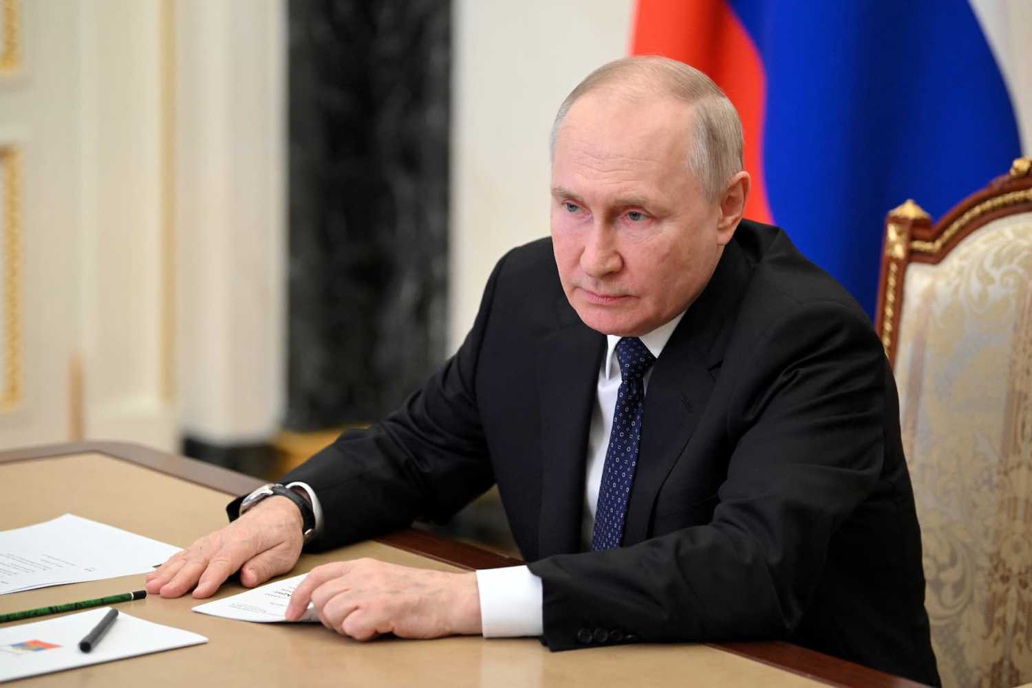 Russian President Vladimir Putin attends a meeting with officials dedicated to an attack on the Crimean Bridge in Moscow, Russia July 17, 2023. Sputnik/Alexander Kazakov/Kremlin via REUTERS