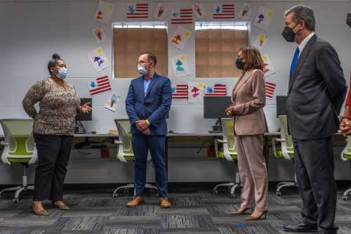 Vice President Kamala Harris tours a community computer lab benefiting from the Affordable Connectivity Program and speaks with participants of the initiative at the Carole Hoefener Center in Charlotte, North Carolina, US, on Thursday, July 21, 2022. She was accompanied by North Carolina Governor Roy Cooper among other individuals. Photographer: Grant Baldwin/Pool/Sipa USA