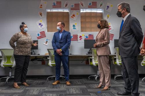 Vice President Kamala Harris tours a community computer lab benefiting from the Affordable Connectivity Program and speaks with participants of the initiative at the Carole Hoefener Center in Charlotte, North Carolina, US, on Thursday, July 21, 2022. She was accompanied by North Carolina Governor Roy Cooper among other individuals. Photographer: Grant Baldwin/Pool/Sipa USA