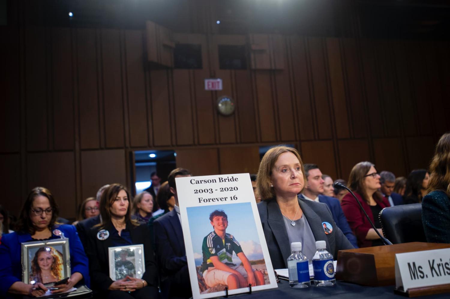 Kristin Bride, Survivor Parent and Social Media Reform Advocate, sits next to a photo of her 16-year-old son Carson Bride as she appears before a Senate Committee on the Judiciary hearing to examine protecting our children online, in the Hart Senate Office Building in Washington, DC, Tuesday, February 14, 2023. After being cyberbullied, Carson took his own life on June 23, 2020. Credit: Rod Lamkey/CNP/Sipa USA.
