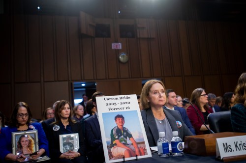 Kristin Bride, Survivor Parent and Social Media Reform Advocate, sits next to a photo of her 16-year-old son Carson Bride as she appears before a Senate Committee on the Judiciary hearing to examine protecting our children online, in the Hart Senate Office Building in Washington, DC, Tuesday, February 14, 2023. After being cyberbullied, Carson took his own life on June 23, 2020. Credit: Rod Lamkey / CNP/Sipa USANo Use Germany.